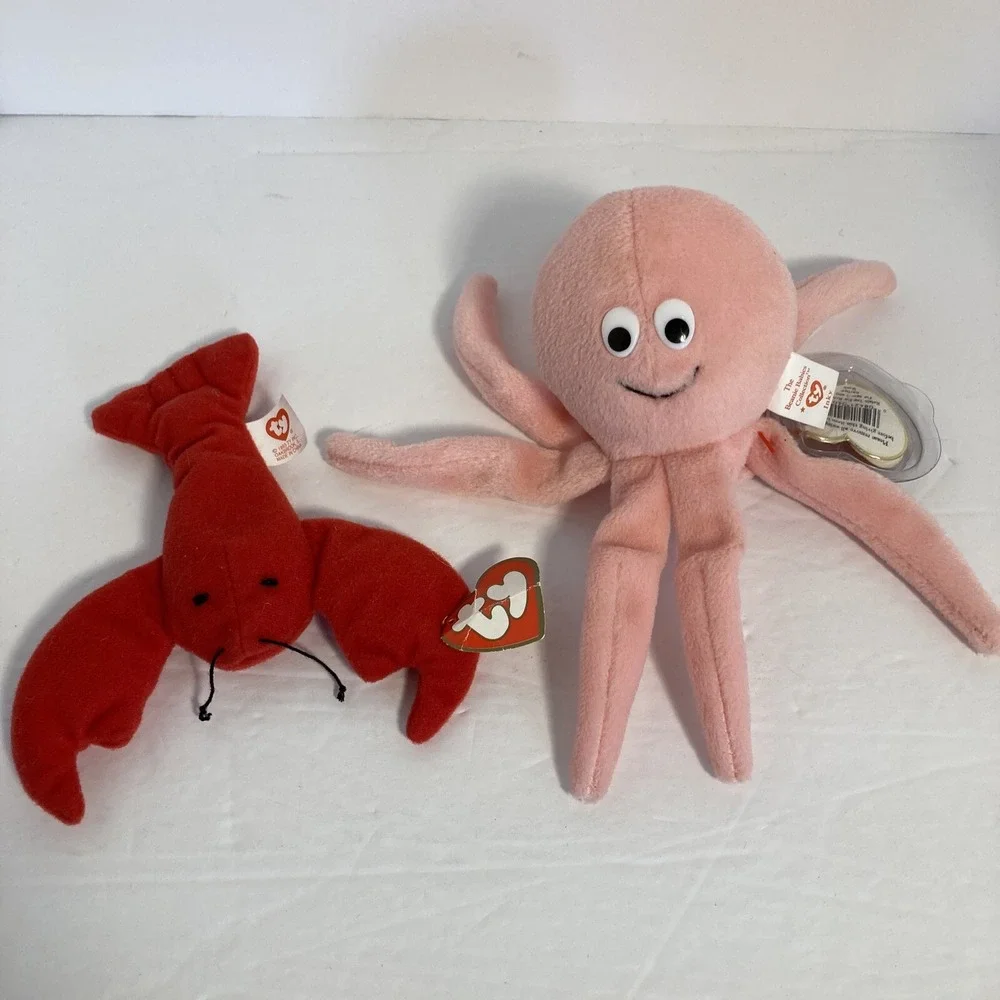 Ty Beanie Babies Inky Octopus & Teenie Pinchers Lobster Pink Red Plush Set of 2